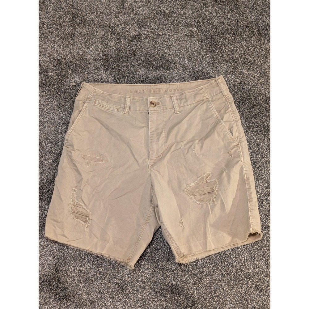 American Eagle Mens Flex Khaki Shorts Tan Distressed Raw Hem Size 33
